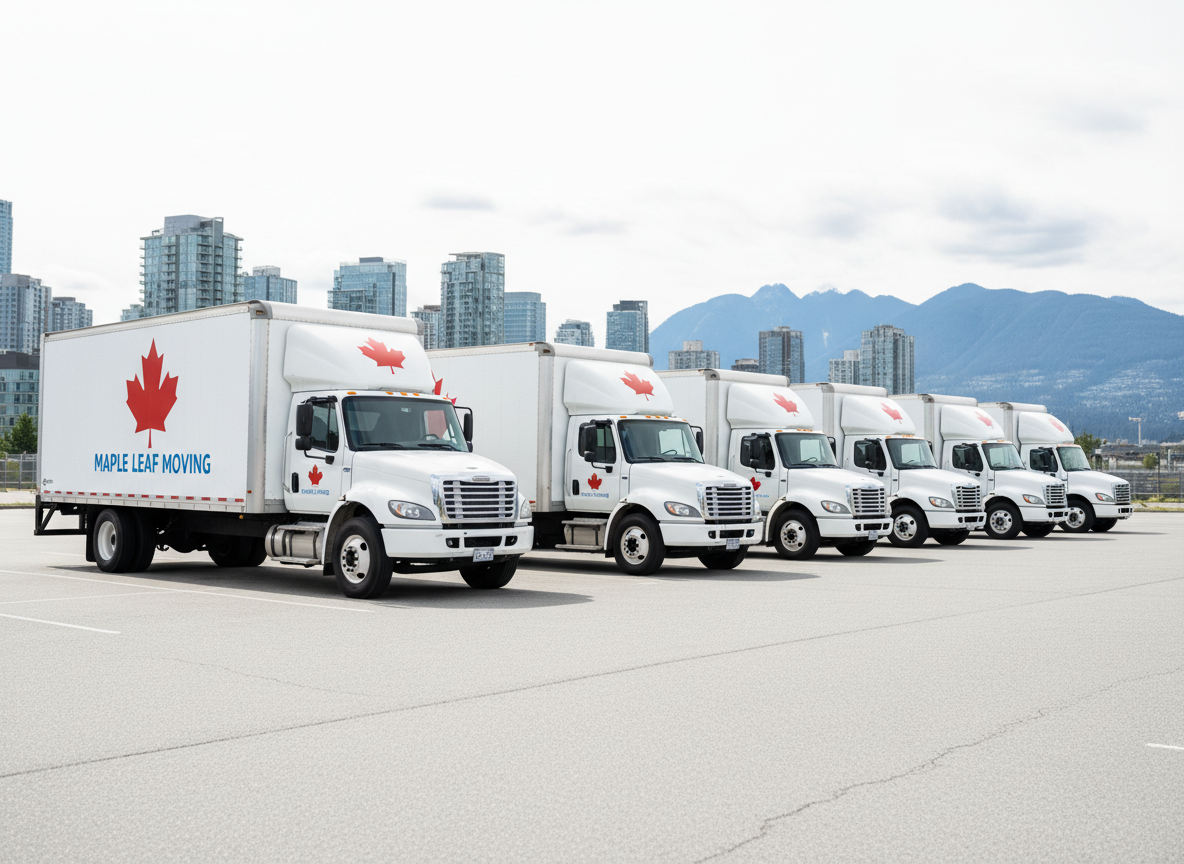 A fleet of modern moving trucks in pristine white, each with a bold red maple leaf logo and crisp blue lettering that reads “Maple Leaf Moving,” neatly lined up in a clean, paved parking lot. The Lower Mainland skyline and distant coastal mountains form a soft, slightly hazy backdrop under a bright but gently overcast sky. Diffused daylight creates even, shadow-free illumination across the trucks’ glossy metal surfaces, emphasizing professionalism and reliability. Photographed at eye level with a wide-angle lens, the composition follows the rule of thirds, with the leading truck in sharp focus and the others receding in soft depth, reinforcing scale and capacity. The photographic realism and clean, modern aesthetic convey trust, organization, and readiness to serve homes and businesses across BC.