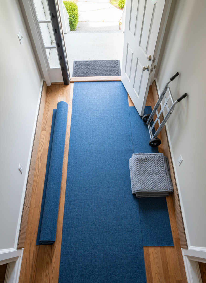 An overhead, bird’s eye view of a detailed floor protection setup in a residential entryway: thick, blue non-slip runner pads laid carefully over hardwood flooring, cardboard corner guards protecting freshly painted walls, and a sturdy door jamb protector in place around the front door frame. A clean aluminum appliance dolly and a folded moving blanket rest neatly off to the side, ready for use. Natural daylight from the open doorway spreads evenly across the scene, producing soft shadows that highlight the textures of the padding and wood grain. The composition is symmetrical and highly organized, captured in sharp photographic realism to emphasize professionalism and respect for clients’ homes. The atmosphere is calm, methodical, and reassuring, ideal for illustrating attention to property protection during moves across the Lower Mainland.