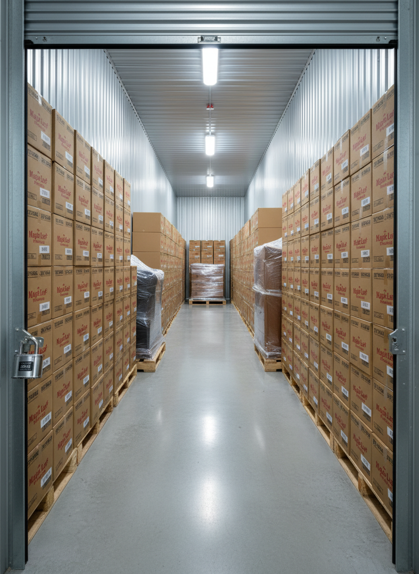 A secure, climate-controlled storage unit with smooth concrete floors and clean, corrugated metal walls, filled with neatly stacked, uniformly labeled Maple Leaf Moving boxes and a few carefully wrapped pieces of furniture on raised pallets. A sturdy steel padlock hangs from the unit’s roll-up door, which is partially open to reveal the organized interior. Cool, even overhead lighting casts soft, controlled shadows, eliminating harsh contrasts and creating a sense of safety and order. Photographed from just inside the doorway at eye level, the space appears deep and well-utilized, with sharp focus throughout. The photographic style is clean and modern, conveying long-term security and professional care for clients’ belongings in the Lower Mainland, suitable for showcasing short- and long-term storage solutions.