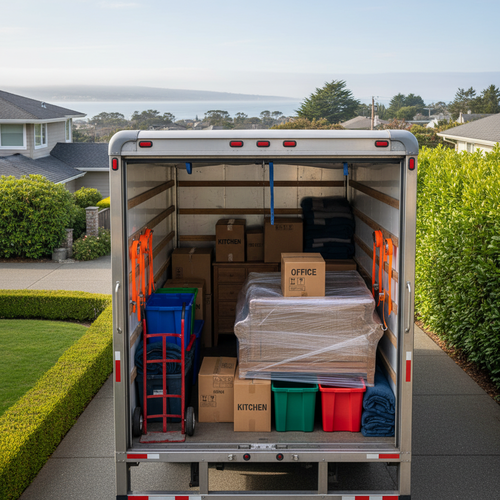 An open moving truck with a spotless aluminum interior, carefully packed with sturdy cardboard boxes labeled “Kitchen,” “Office,” and “Fragile,” along with neatly shrink-wrapped furniture and color-coded plastic bins. Heavy-duty moving blankets, ratchet straps, and a steel hand truck are all organized with precision along the sides. The vehicle is parked in the driveway of a well-maintained suburban home in the Lower Mainland, framed by lush green hedges and a hint of coastal fog in the distance. Soft late-morning natural light illuminates the scene, casting gentle shadows and subtle highlights on the truck’s polished surfaces. Shot from a slightly elevated angle for clear visibility into the truck, the composition is balanced and uncluttered, in a clean, photographic, professional style that emphasizes care, safety, and attention to detail in residential moves.