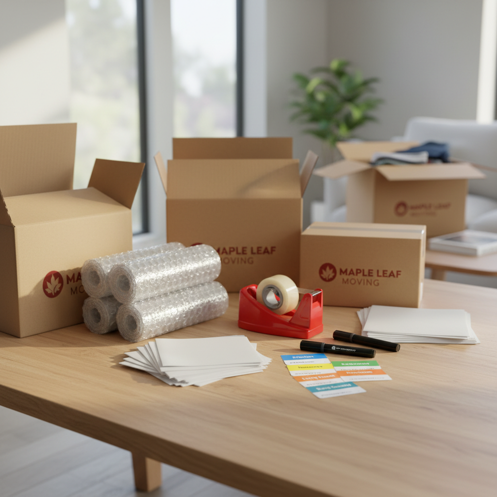 A close-up, detailed view of professional packing materials laid out on a smooth, light wood table: high-quality cardboard boxes in multiple sizes, neat rolls of bubble wrap, sheets of white packing paper, a bright red tape dispenser with glossy clear tape, permanent markers, and color-coded moving labels for different rooms. In the background, slightly out of focus, are a few partially packed boxes and a glimpse of a tidy living room with neutral tones. Soft afternoon natural light from a nearby window creates delicate highlights on the plastic bubble wrap and subtle shadows along the edges of the boxes. Shot from a slightly elevated angle with shallow depth of field, the photographic scene appears clean, modern, and methodical, evoking a calm, organized mood that underscores the meticulous care and preparation behind Maple Leaf Moving’s services.