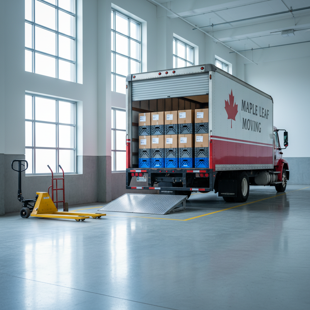 A bright, organized commercial loading bay at a modern office building in the Lower Mainland, with a Maple Leaf Moving truck backed up perfectly to the loading dock. The truck’s rear is open, revealing rows of uniformly sized, barcoded cartons and stackable plastic crates arranged with military precision. Nearby, a pallet jack and a heavy-duty dolly are positioned ready for use, alongside a metal ramp with non-slip texture. Cool, diffused daylight filters through high warehouse-style windows, creating crisp reflections on the polished concrete floor and subtle shadows under the equipment. Captured from an eye-level perspective with sharp focus throughout, the photographic image feels clean, efficient, and highly professional, ideal for showcasing business and office relocation services with a calm, orderly, and competent atmosphere.