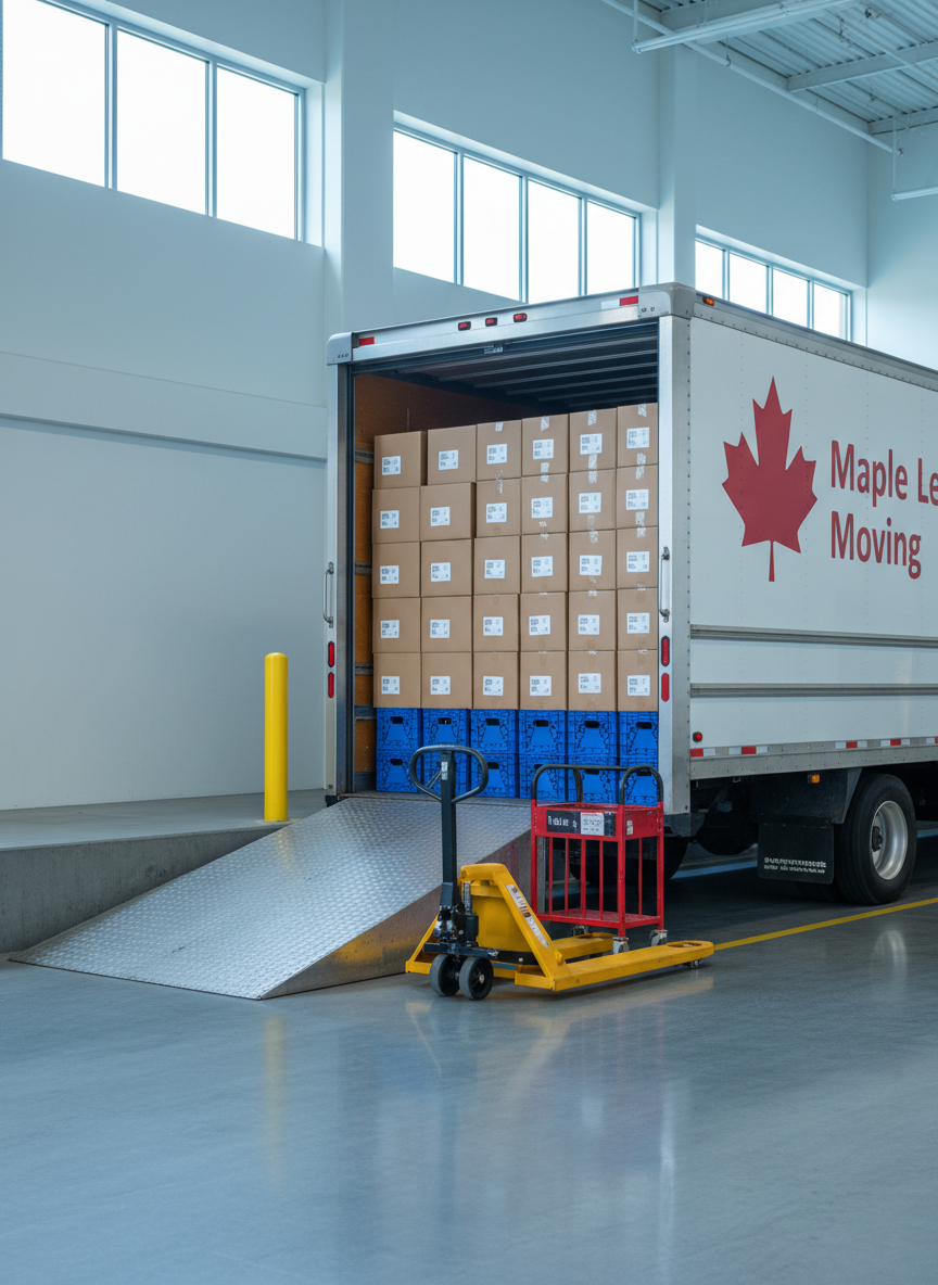 A bright, organized commercial loading bay at a modern office building in the Lower Mainland, with a Maple Leaf Moving truck backed up perfectly to the loading dock. The truck’s rear is open, revealing rows of uniformly sized, barcoded cartons and stackable plastic crates arranged with military precision. Nearby, a pallet jack and a heavy-duty dolly are positioned ready for use, alongside a metal ramp with non-slip texture. Cool, diffused daylight filters through high warehouse-style windows, creating crisp reflections on the polished concrete floor and subtle shadows under the equipment. Captured from an eye-level perspective with sharp focus throughout, the photographic image feels clean, efficient, and highly professional, ideal for showcasing business and office relocation services with a calm, orderly, and competent atmosphere.