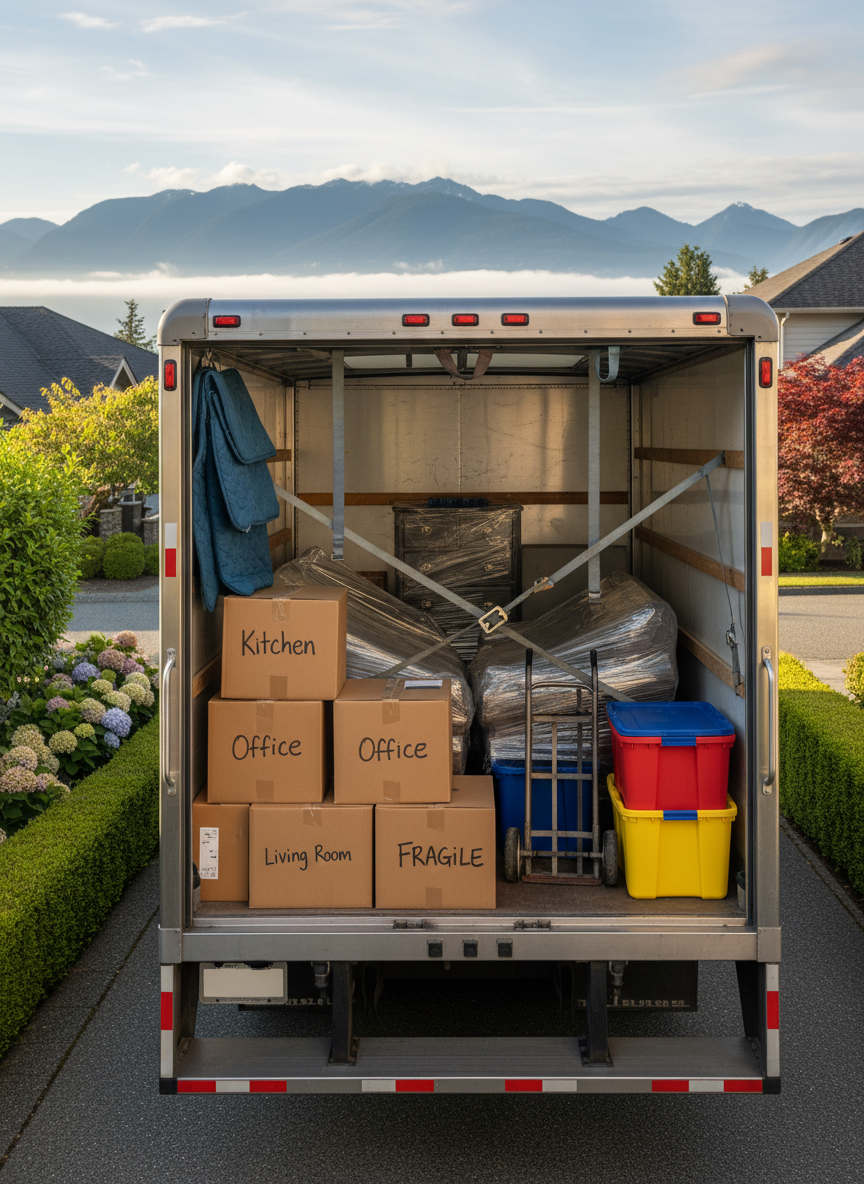 An open moving truck with a spotless aluminum interior, carefully packed with sturdy cardboard boxes labeled “Kitchen,” “Office,” and “Fragile,” along with neatly shrink-wrapped furniture and color-coded plastic bins. Heavy-duty moving blankets, ratchet straps, and a steel hand truck are all organized with precision along the sides. The vehicle is parked in the driveway of a well-maintained suburban home in the Lower Mainland, framed by lush green hedges and a hint of coastal fog in the distance. Soft late-morning natural light illuminates the scene, casting gentle shadows and subtle highlights on the truck’s polished surfaces. Shot from a slightly elevated angle for clear visibility into the truck, the composition is balanced and uncluttered, in a clean, photographic, professional style that emphasizes care, safety, and attention to detail in residential moves.